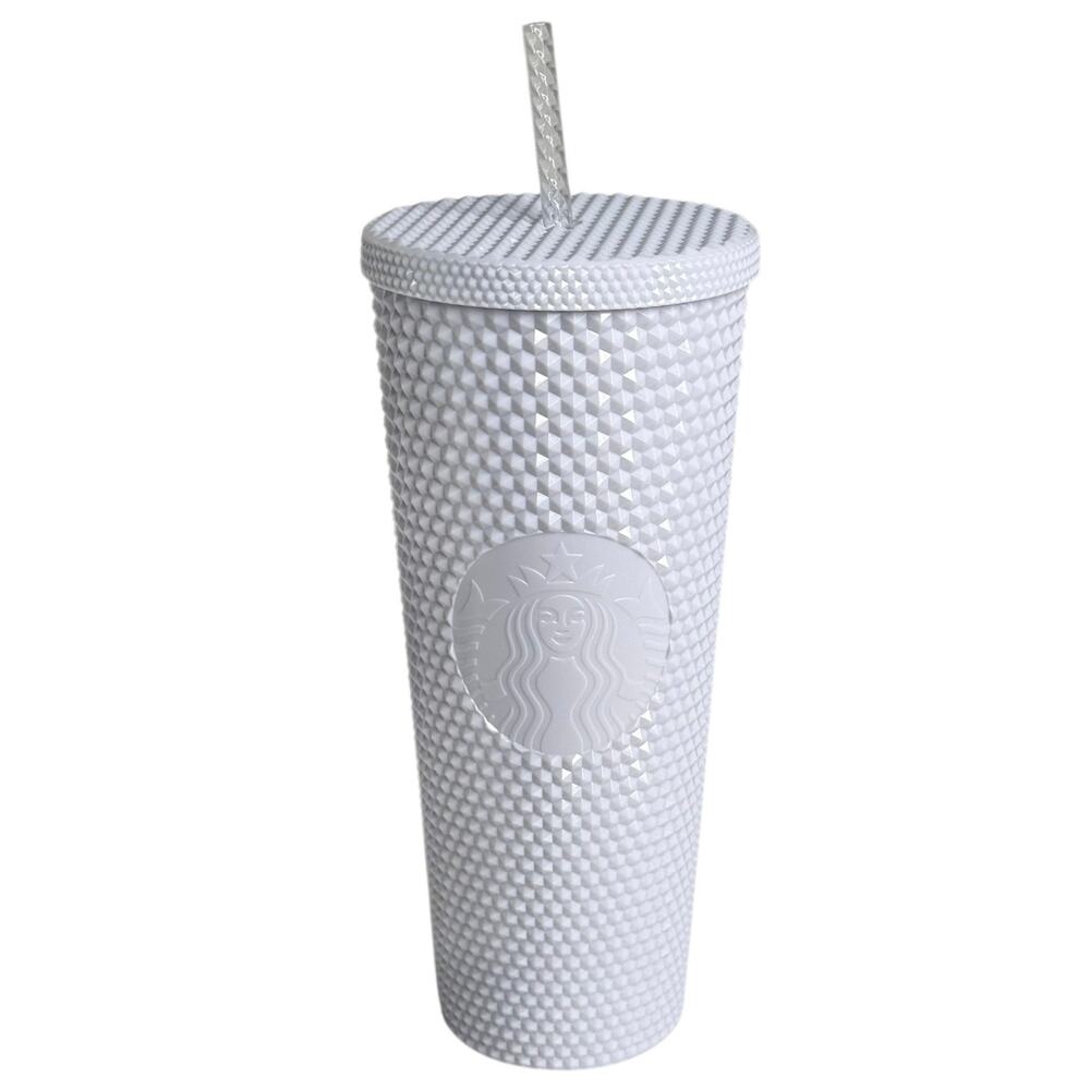Starbucks White Studded Tumbler Venti Limited Travel Cup Lid & Straw 9" Tall New